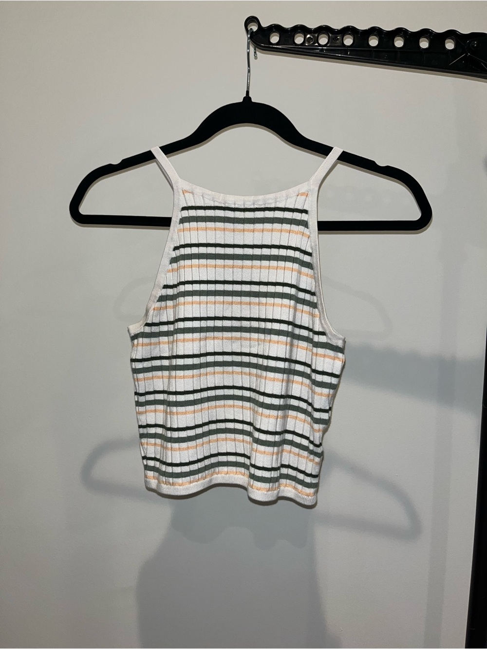 Divided Striped Ribbed Halter Tank Top - White, Green, Peach